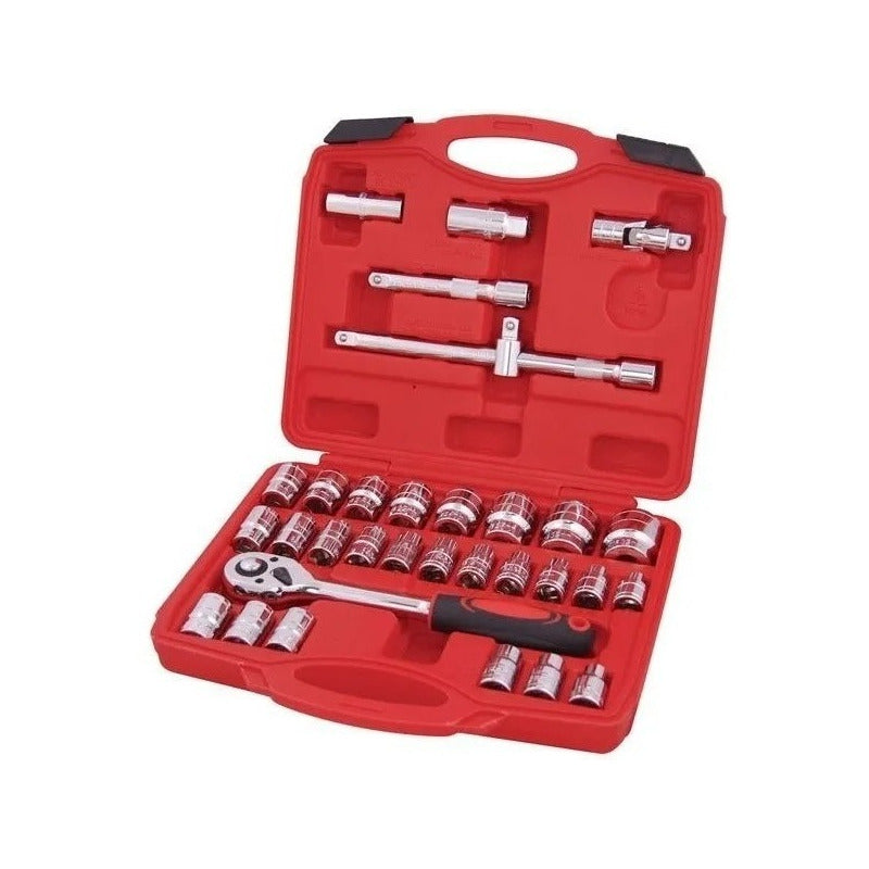 Caja De Dados 32 Piezas De 1/2 Chicharra Grande 2 Extencione Rojo (estuche) Y Plateado (herramientas)