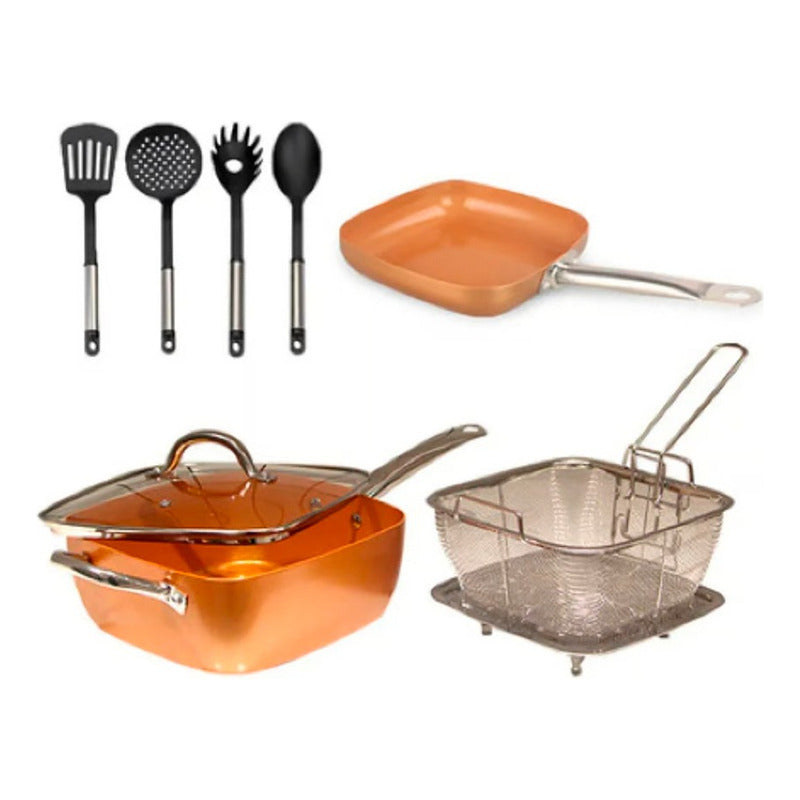Juego De Cocina Cacerola Olla Sartén Freir Cuadrada Cobre