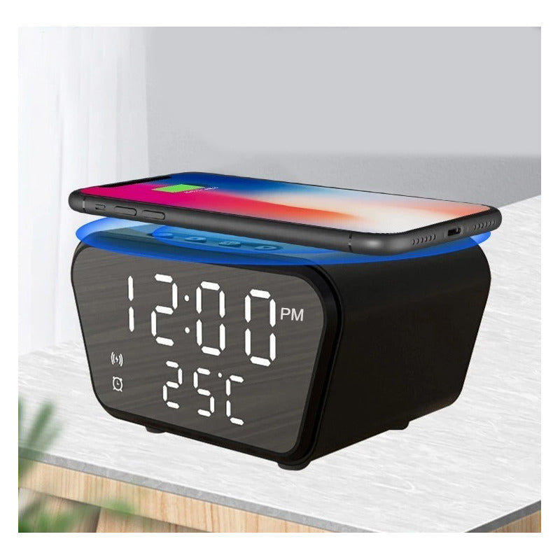Reloj Despertador Con Cargador Inalámbrico Y Termómetro Negro