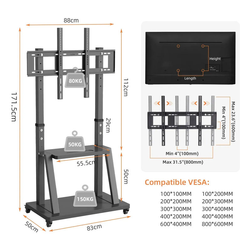 Soporte Tv 32  A 70 Pedestal Soporte Stand Rack Movil Ruedas Negro