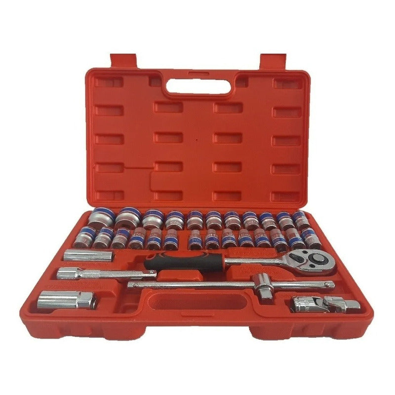 Caja De Dados 32 Piezas De 1/2 Chicharra Grande 2 Extencione Rojo (estuche) Y Plateado (herramientas)