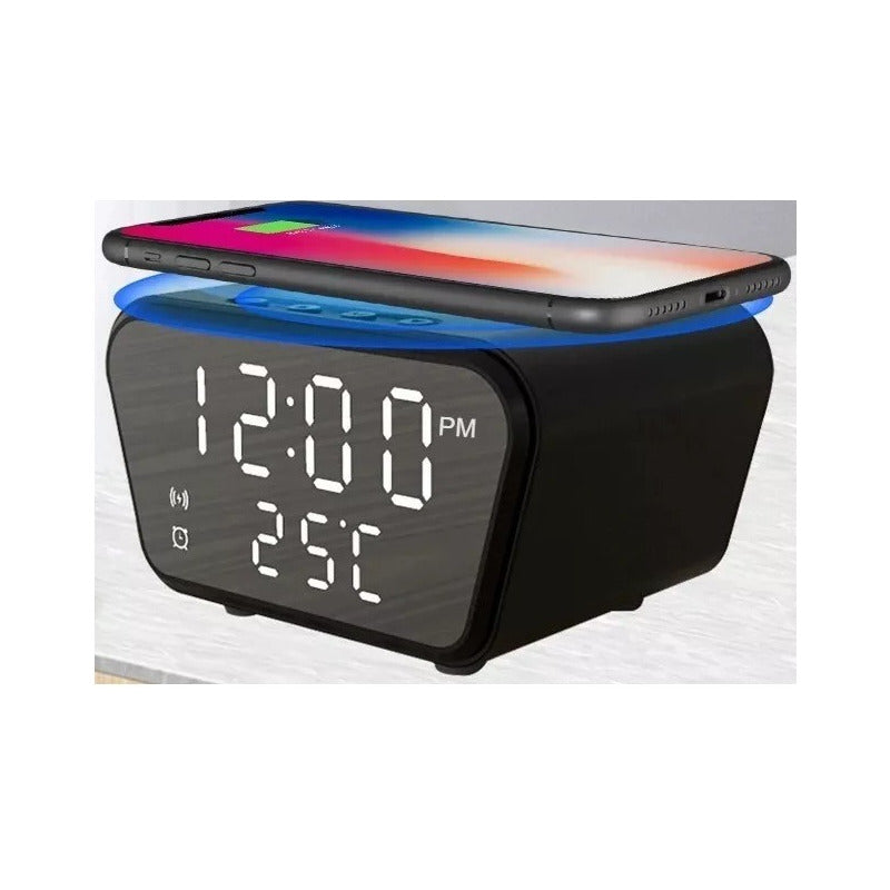 Reloj Despertador Con Cargador Inalámbrico Y Termómetro Negro