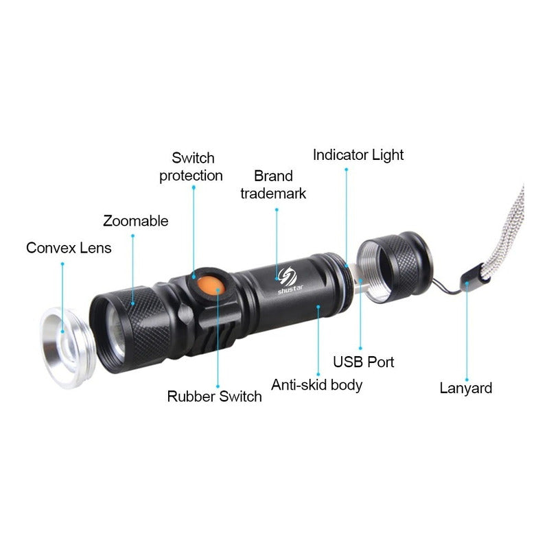 Linterna Led 3000 Lumens Recargable Con Zoom Resiste Lluvia Blanco Negro