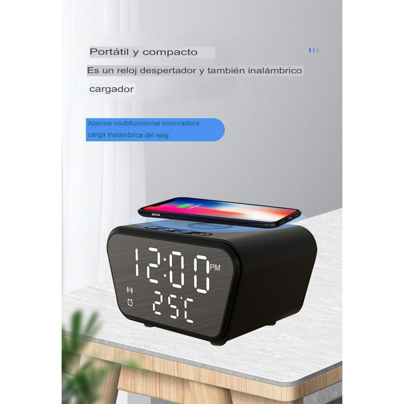 Reloj Despertador Con Cargador Inalámbrico Y Termómetro Negro