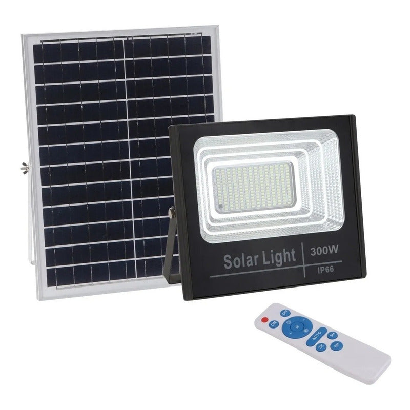 Foco Reflector 300w + Control + Panel Solar Ip66 Negro Fría