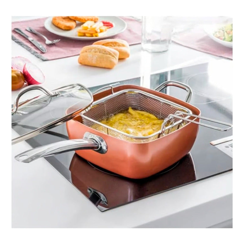 Juego De Cocina Cacerola Olla Sartén Freir Cuadrada Cobre