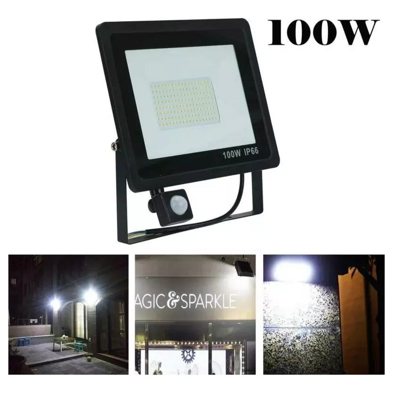 Foco Led Con Sensor De Movimiento 100w Resistente Al Agua Negro Blanco Frío