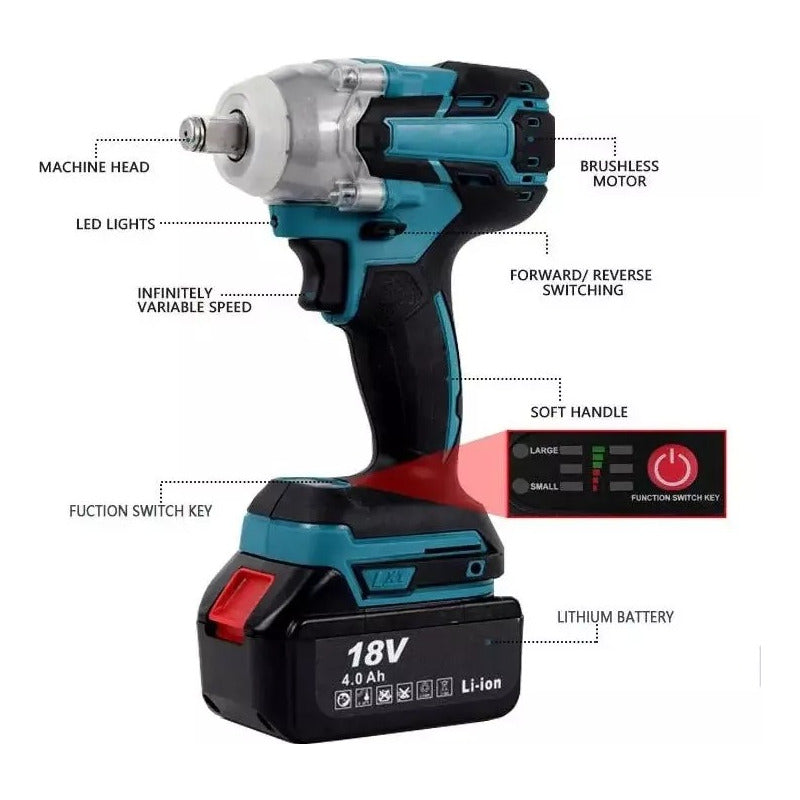 Llave Impacto Inalambrico 2 Baterias Brocas Desatornillador Turquesa 48v 50