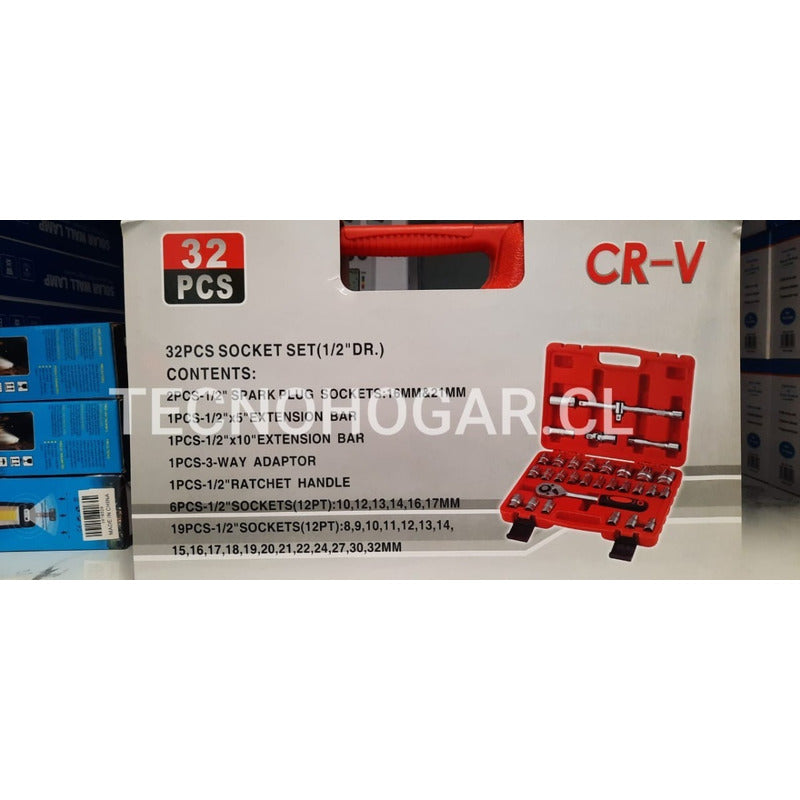 Caja De Dados 32 Piezas De 1/2 Chicharra Grande 2 Extencione Rojo (estuche) Y Plateado (herramientas)