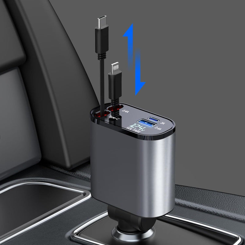 Cargador Retráctil Para Coche Cargador Usb C 4 En 1 De 60 W Plateado