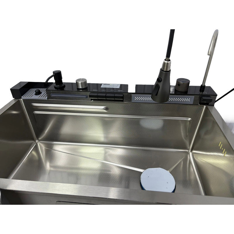 Lavaplatos Fregadero Digital Led, 7 Modos De Agua, Acero Inoxidable, Multifuncional, Cascada, Lavavasos, Termómetro, Dispensador Jabón, Escurridor, Tabla De Cortar, Plateado Grifería Extraíble