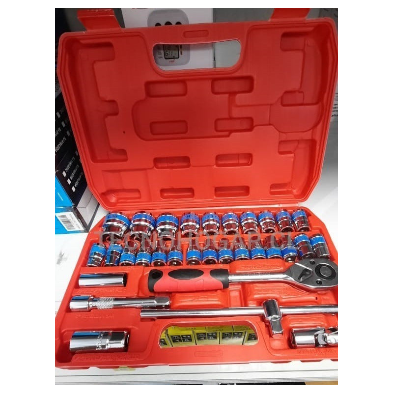 Caja De Dados 32 Piezas De 1/2 Chicharra Grande 2 Extencione Rojo (estuche) Y Plateado (herramientas)