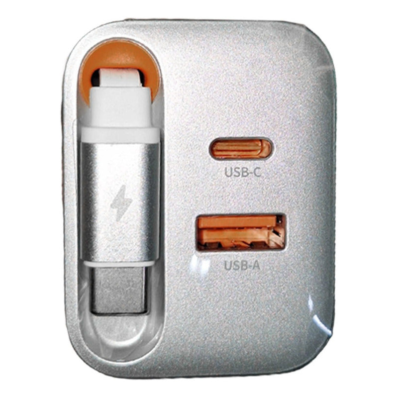 Cargador Carga Rapida Con Cable Retractil  + 2 Puertos Blanco
