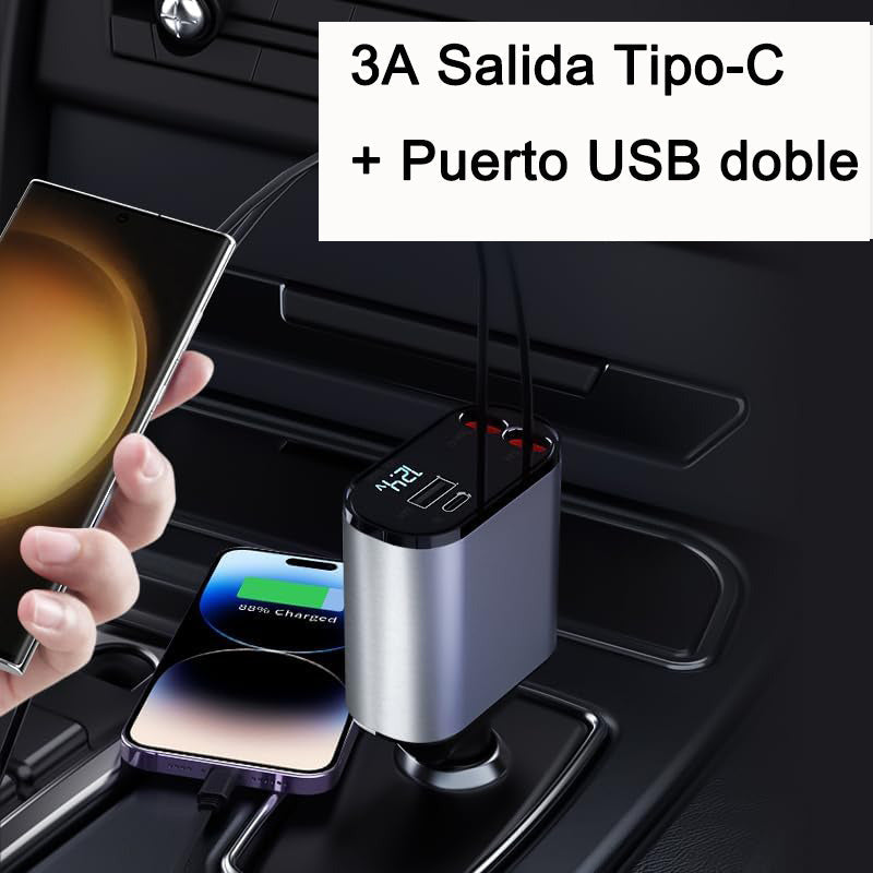 Cargador Retráctil Para Coche Cargador Usb C 4 En 1 De 60 W Plateado