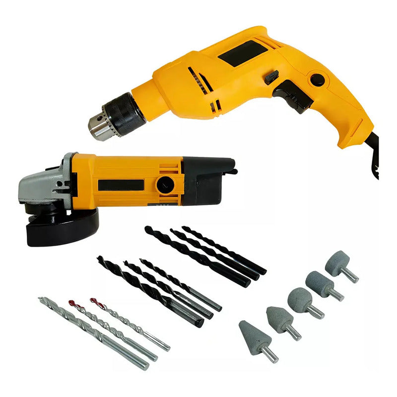 Pack Esmeril Eléctrico Con Taladro De Impacto Con Accesorios Amarillo 50 / 60 Hz