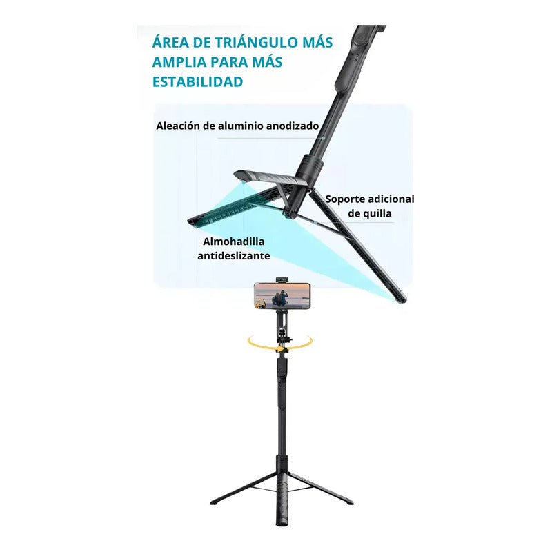 Trípode Estabilizador 360° Palo Selfie Disparador Bluetooth Negro