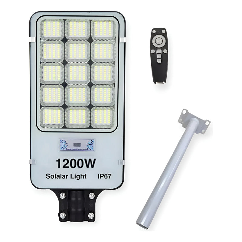 Foco Solar De Poste 1200 Watt Luz Fija Más Soporte Negro Blanco Frío