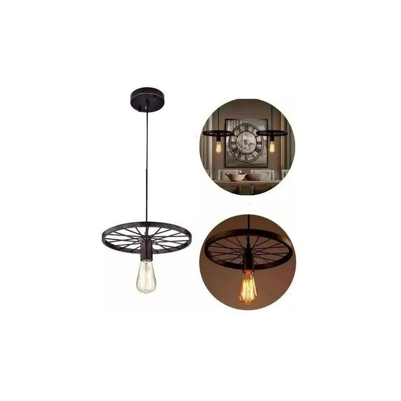 Lampara De Hierro Colgante Tipo Rueda + Ampolleta Vintage Rueda