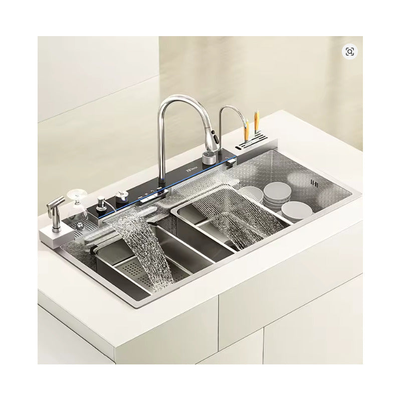 Lavaplatos Fregadero Digital Led, 7 Modos De Agua, Acero Inoxidable, Multifuncional, Cascada, Lavavasos, Termómetro, Dispensador Jabón, Escurridor, Tabla De Cortar, Plateado Grifería Extraíble