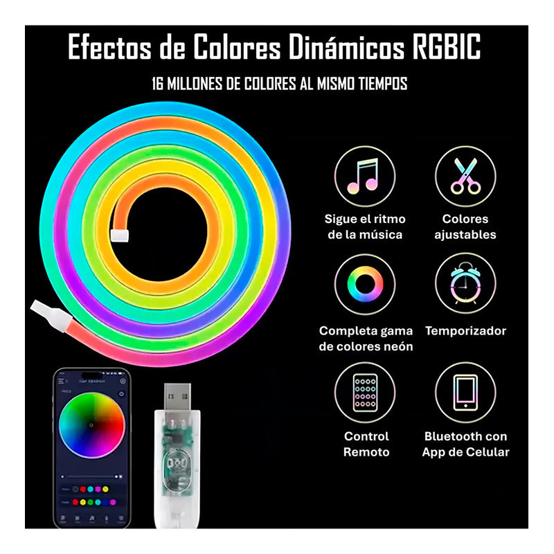 Tira Led Luz Rgb Neón Bluetooth Cinta 5 Metros Usb + Control Rgbic