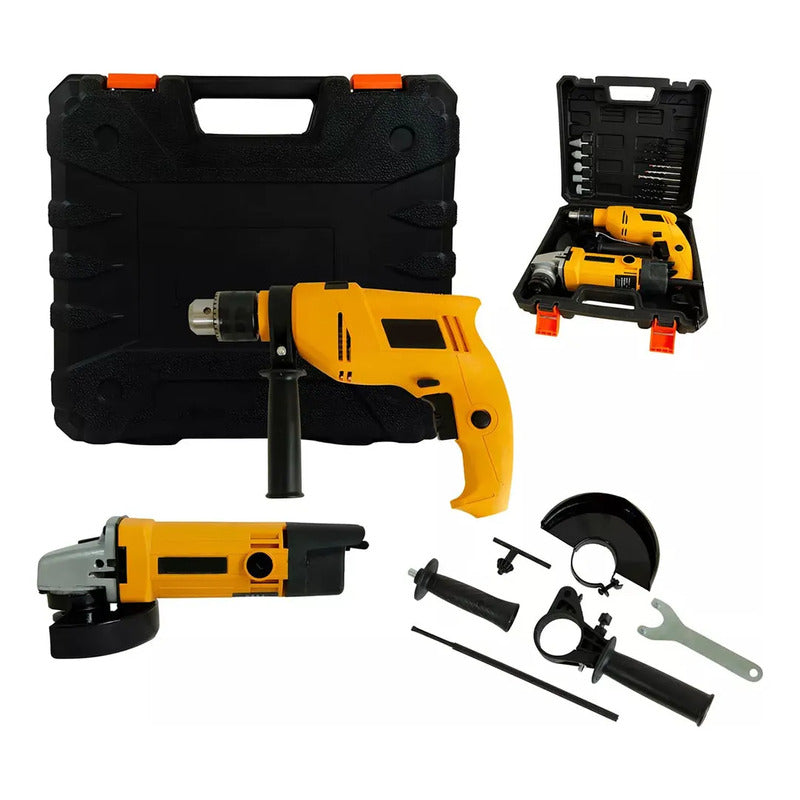 Pack Esmeril Eléctrico Con Taladro De Impacto Con Accesorios Amarillo 50 / 60 Hz