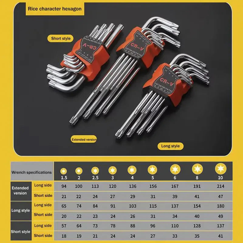 Set De 9 Llaves Allen Torx Estrella Largas Punta Doble Plateado Torx