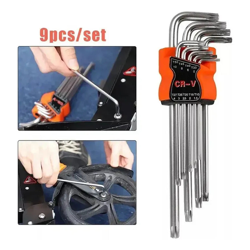 Set De 9 Llaves Allen Torx Estrella Largas Punta Doble Plateado Torx