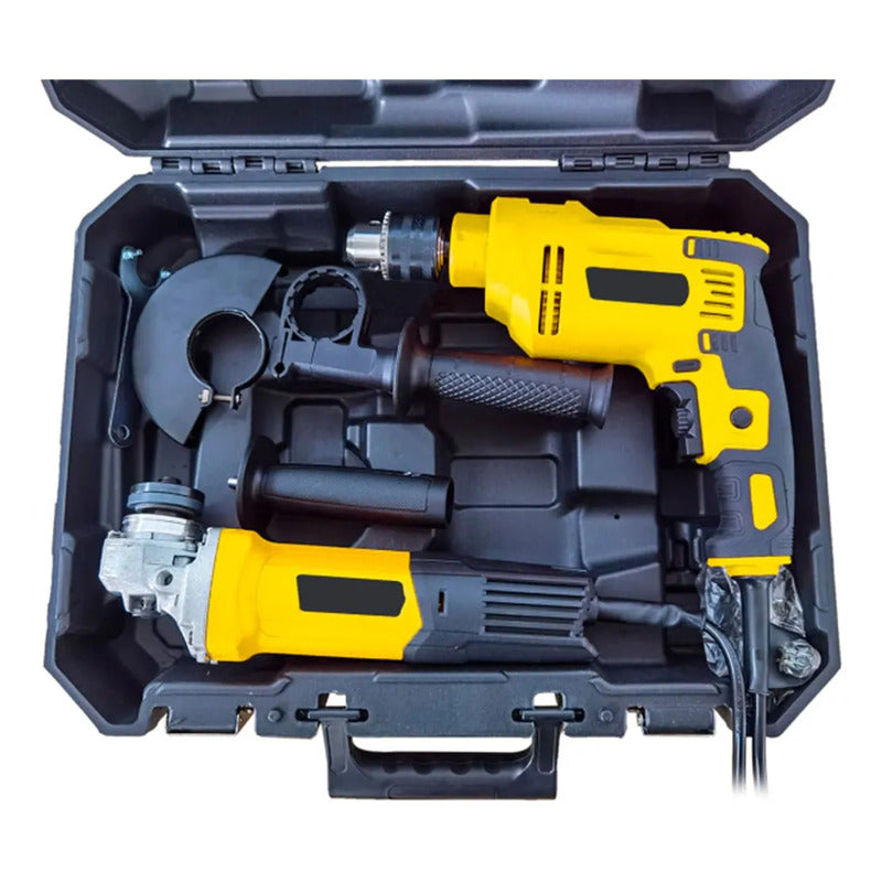 Pack Esmeril Eléctrico Con Taladro De Impacto Con Accesorios Amarillo 50 / 60 Hz