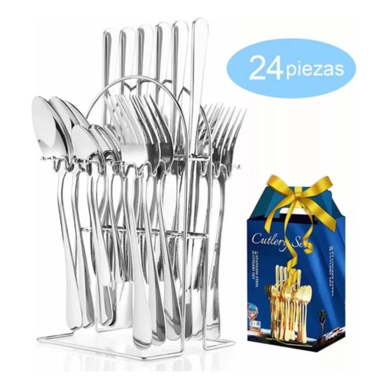 Set De Cubiertos Cucharas Cuchillos 24 Piezas Para El Hogar  Plateado