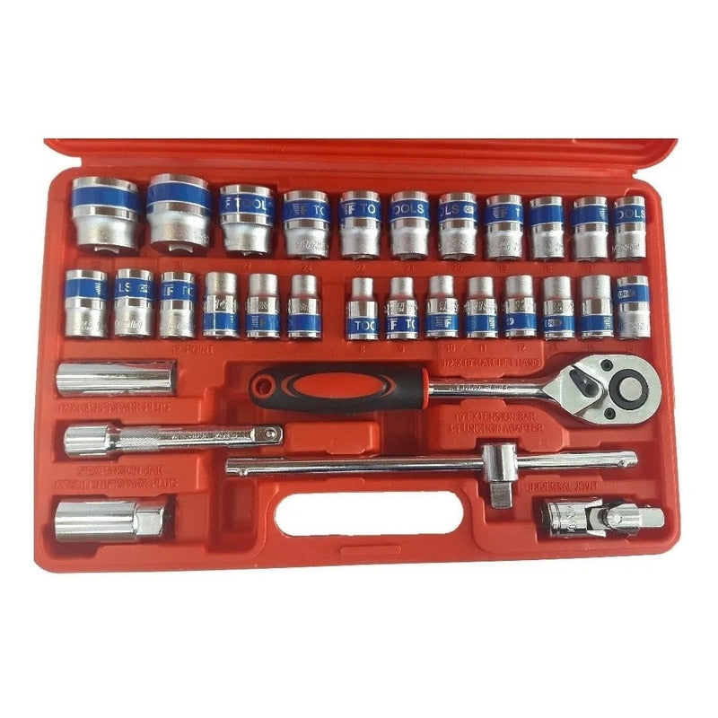 Caja De Dados 32 Piezas De 1/2 Chicharra Grande 2 Extencione Rojo (estuche) Y Plateado (herramientas)