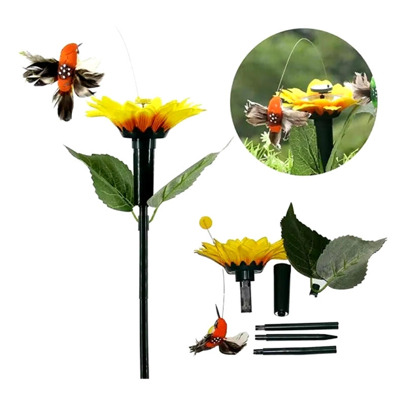 Estaca Solar Giratoria Colibrí Jardin Picaflor En Girasol Amarillo