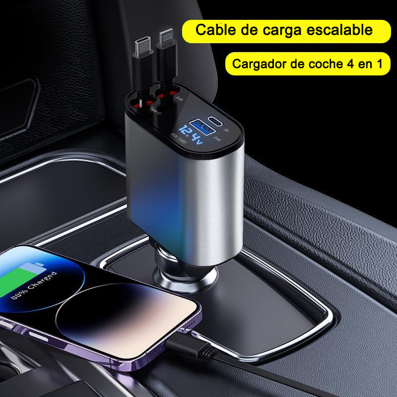 Cargador Retráctil Para Coche Cargador Usb C 4 En 1 De 60 W Plateado