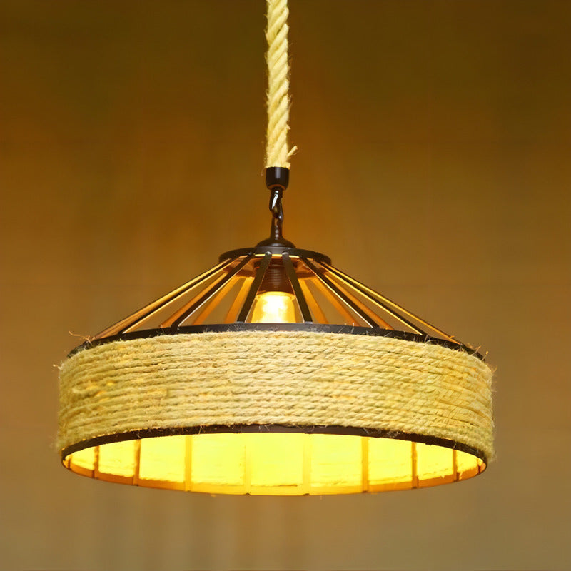 Lampara Colgante Con Cuerda Cáñamo - Metal Rustica Colgante Estructura Negro