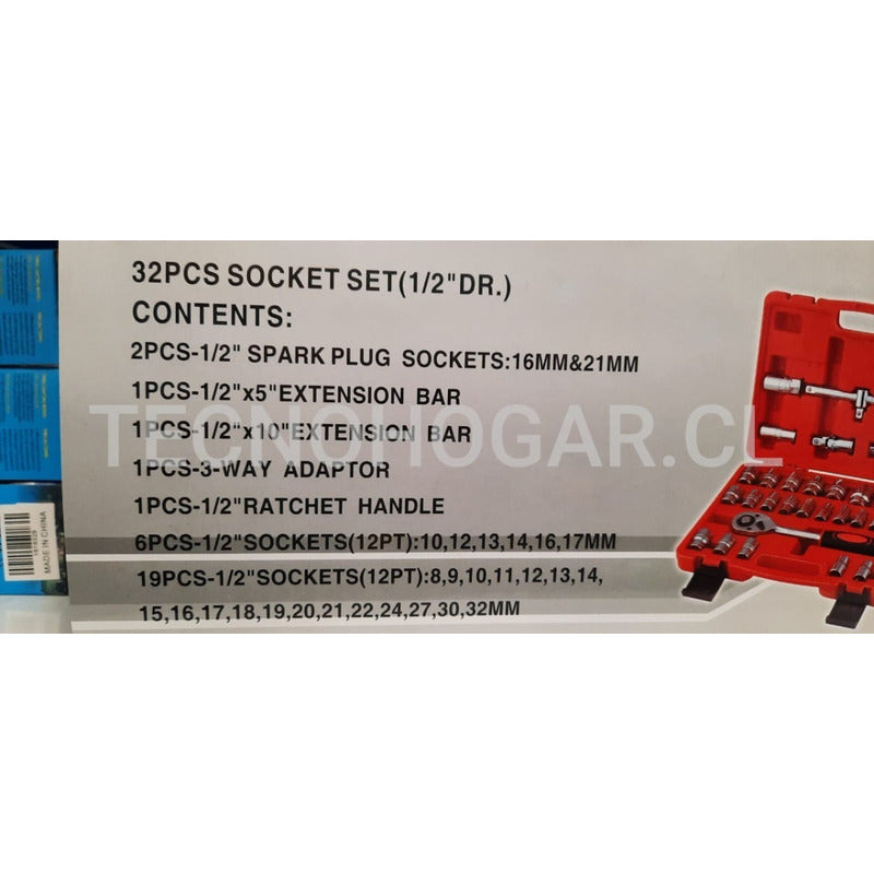 Caja De Dados 32 Piezas De 1/2 Chicharra Grande 2 Extencione Rojo (estuche) Y Plateado (herramientas)