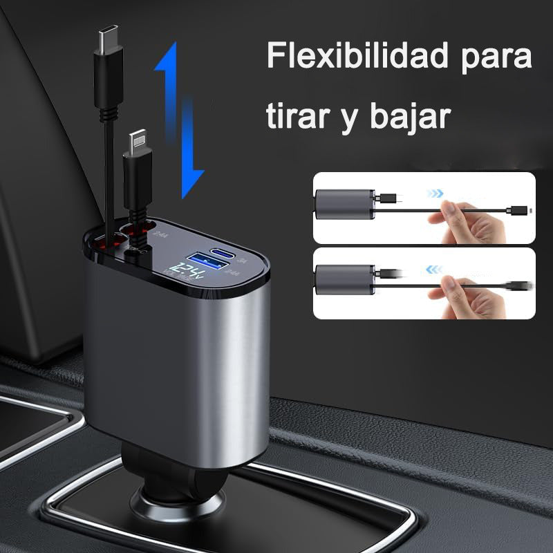 Cargador Retráctil Para Coche Cargador Usb C 4 En 1 De 60 W Plateado