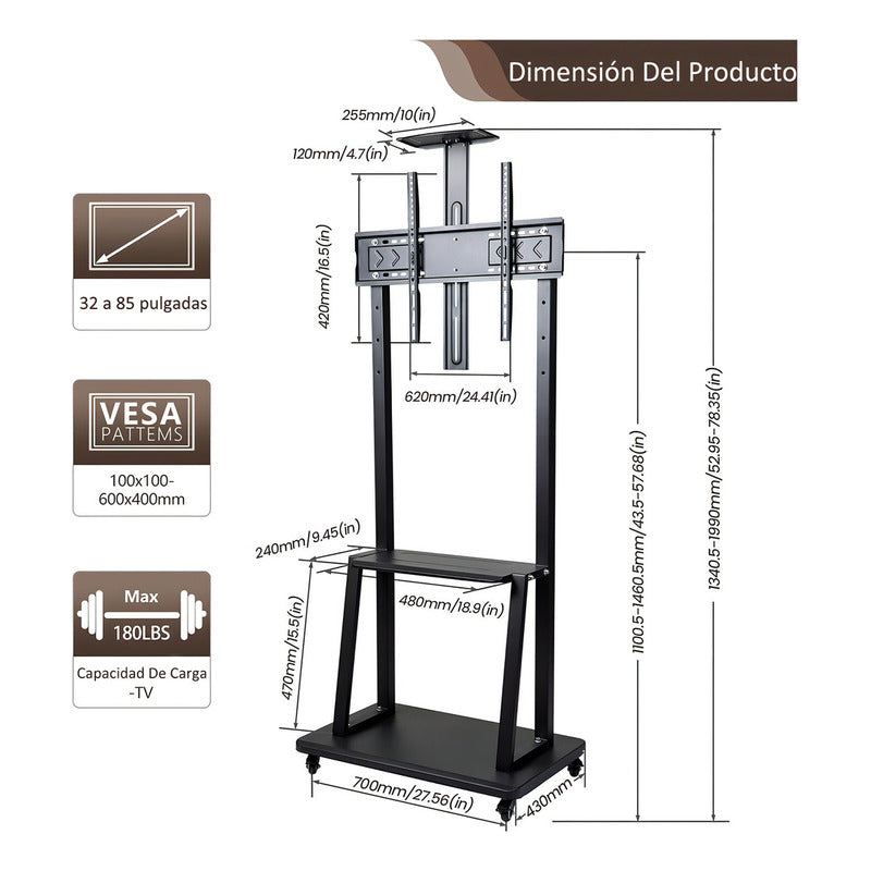 Soporte Tv Movil Con Ruedas 32 A 70 Base Pedestal Stand 1700 Negro